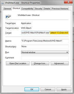VHD Attach - Shortcut dialog